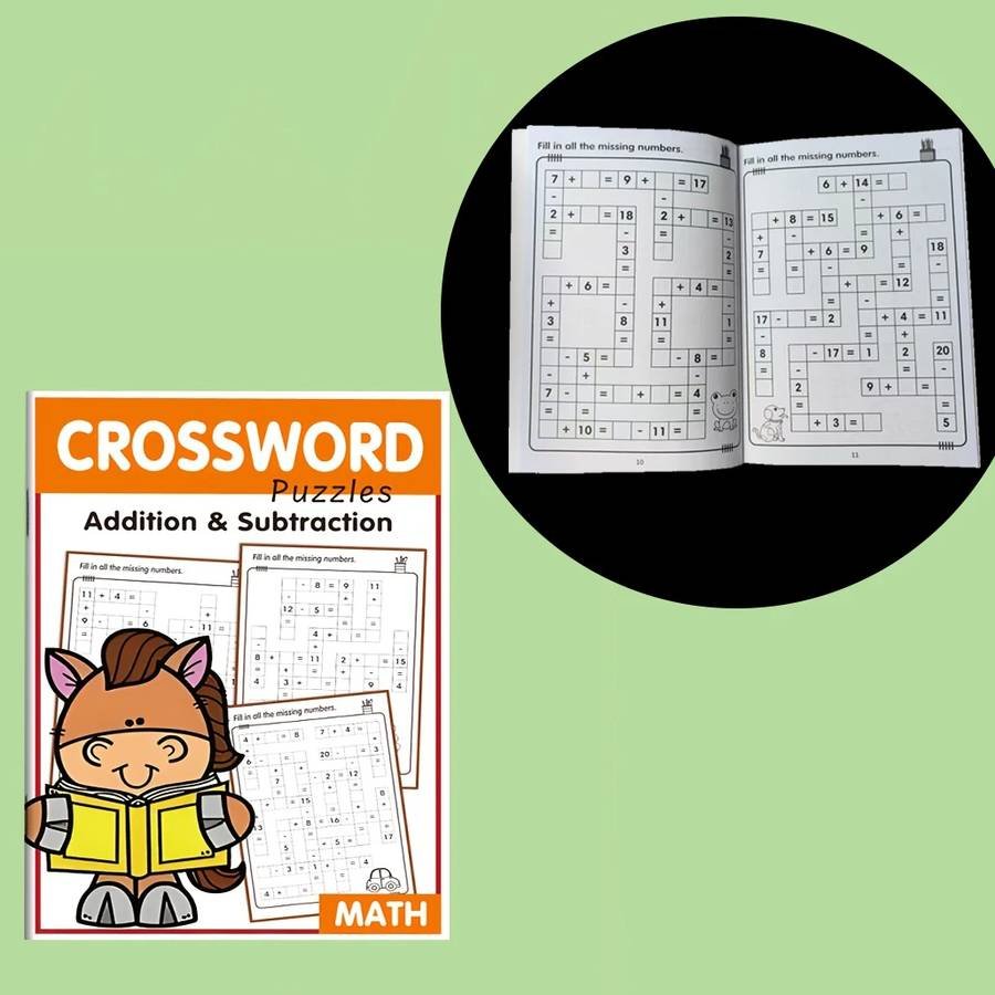 Children's math crossword puzzle book, practice addition and