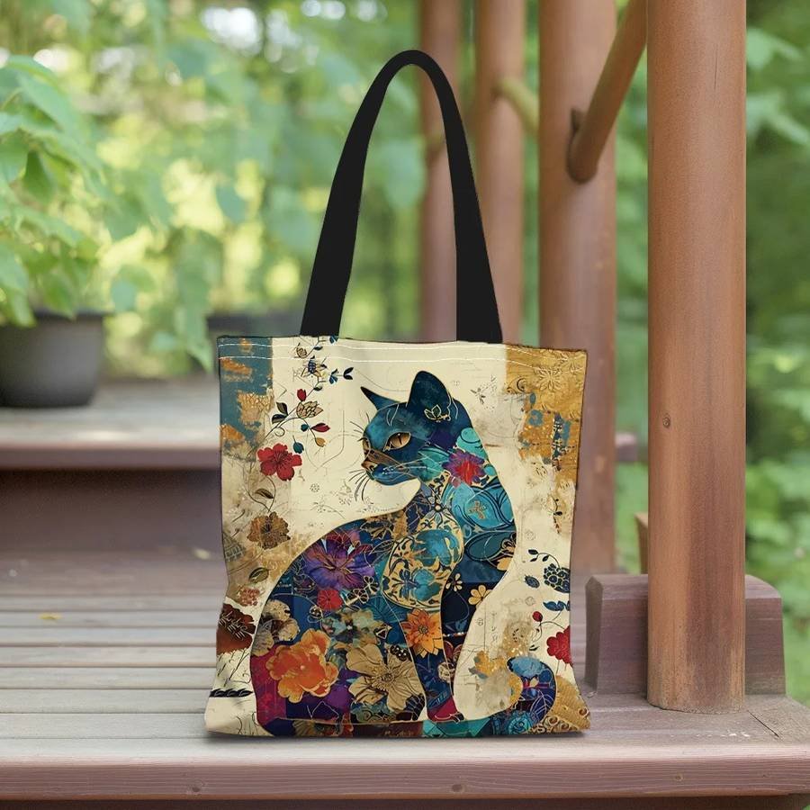 Floral Cat Pattern Tote Bag, Aesthetic Canvas School Shoulde